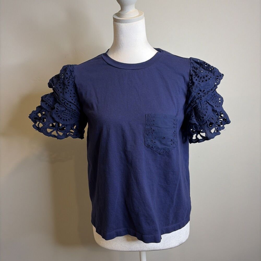 Forever That Girl for Anthropologie T-Short Sz S Women Blue Eyelet Cottagecore